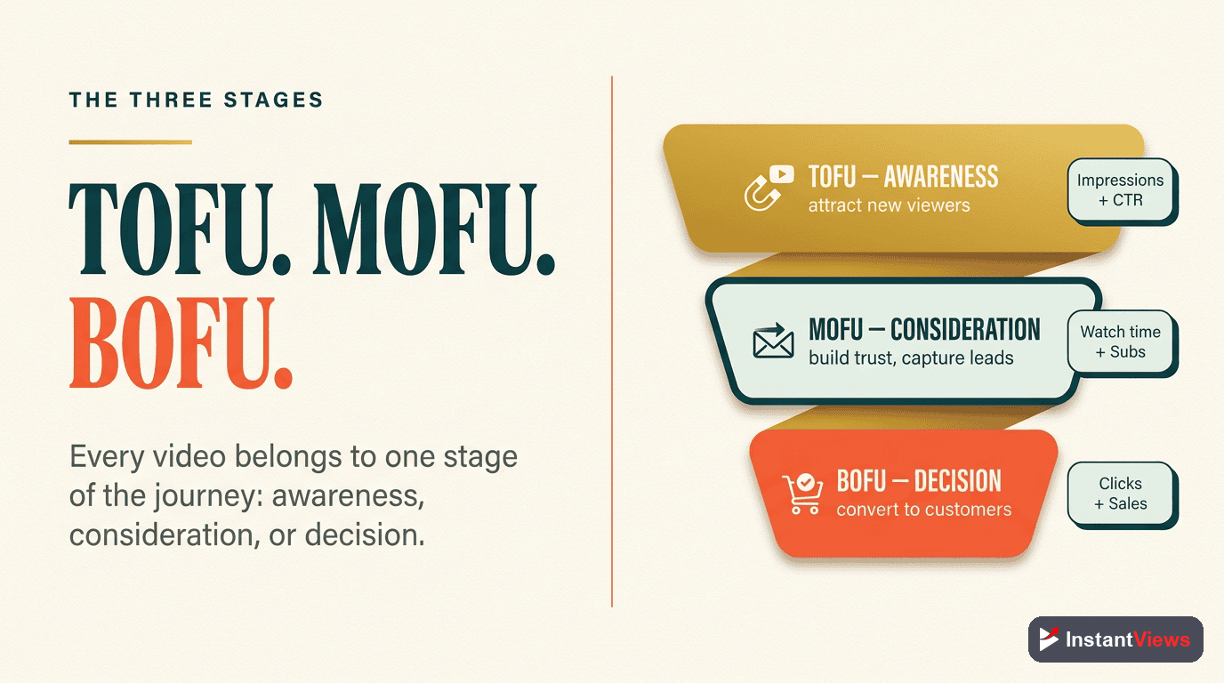 The three YouTube marketing funnel stages: TOFU awareness, MOFU consideration, BOFU conversion, each with its key metric