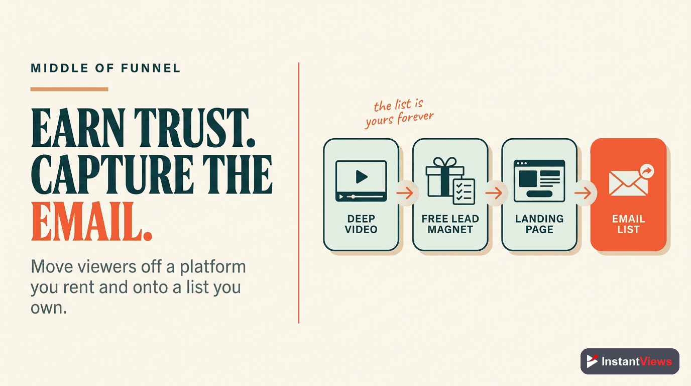 Middle-of-funnel lead capture flow: deep video to free lead magnet to landing page to email list