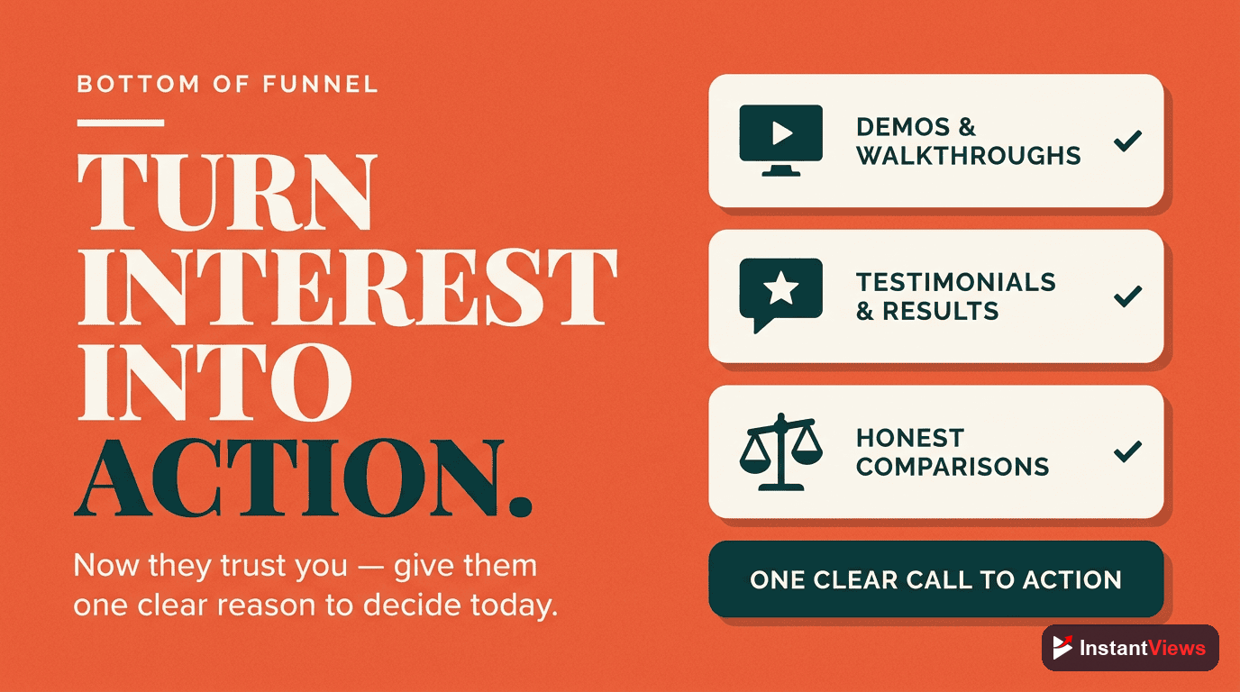 Bottom-of-funnel conversion content: demos, testimonials and comparisons with one clear call to action