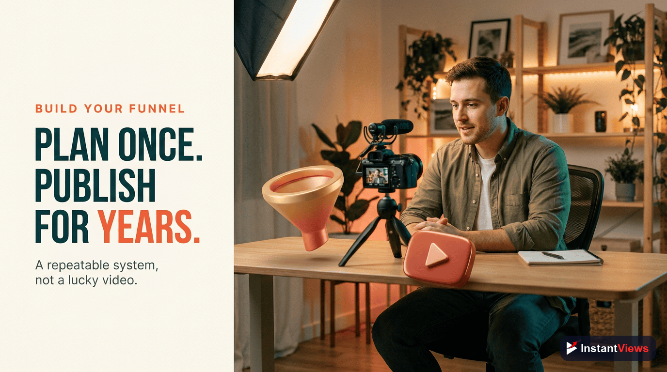 A content creator filming at a desk — building a repeatable YouTube marketing funnel